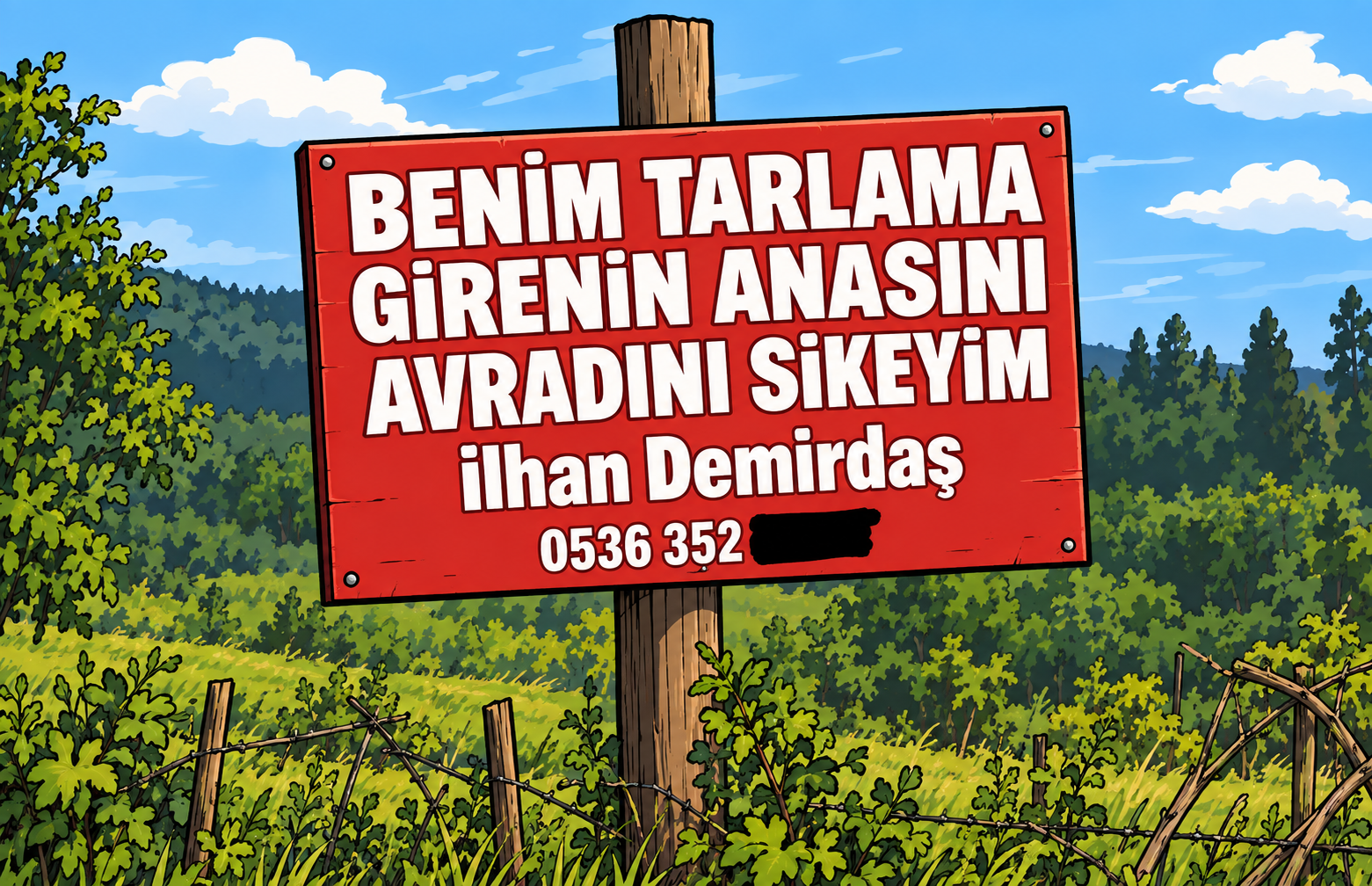 Tarla önündeki kırmızı uyarı tabelasının çizimi